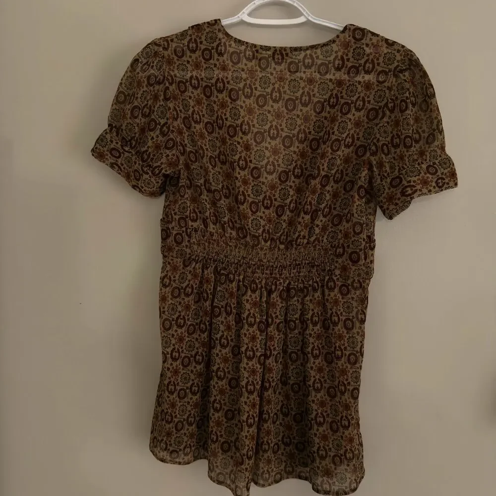 Halogen‎ Brown geometric medallion Print Babydoll Top Small - Picture 2 of 6